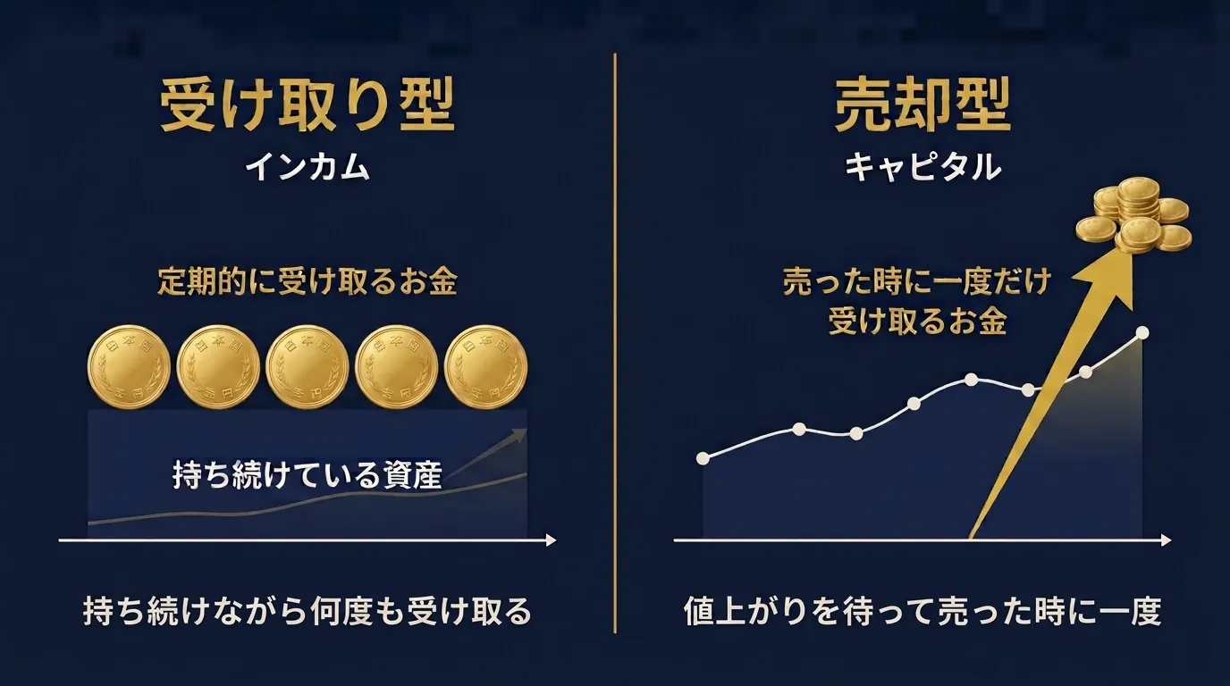 受け取り型（インカム）は資産を持ち続けながら何度も受け取る形、売却型（キャピタル）は値上がりを待って売った時に一度だけ受け取る形、という違いを示した図
